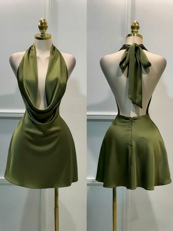 Women's Solid Color Plunging Neckline Backless Sexy Halter Mini Dress Summer Elegant