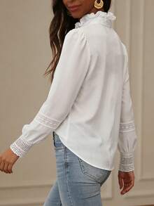 YI XUAN Women's Elegant White Woven Fabric Button Front Shirt With Contrast Lace And Bishop Long Sleeves For Spring And Fall - White - View 5
