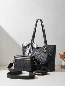 4pcs Women's Commuter Bag Set, Tote Bag, Shoulder Bag, Square Bag, Quilted Bag, Clutch, Coin Purse, Scarf Bag - Black - View 3