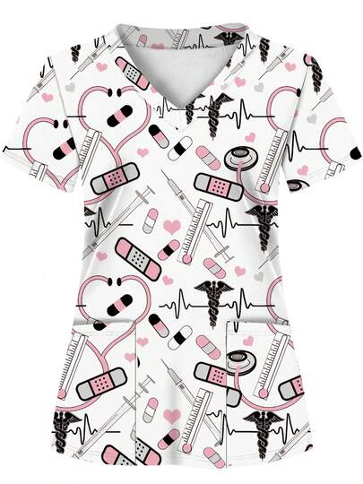 白色底色全印花手术服上衣，带两个口袋，女士制服，护士工作服，牙科诊所制服，医疗保健手术服衬衫，短袖护理手术服，针织面料，四季皆宜