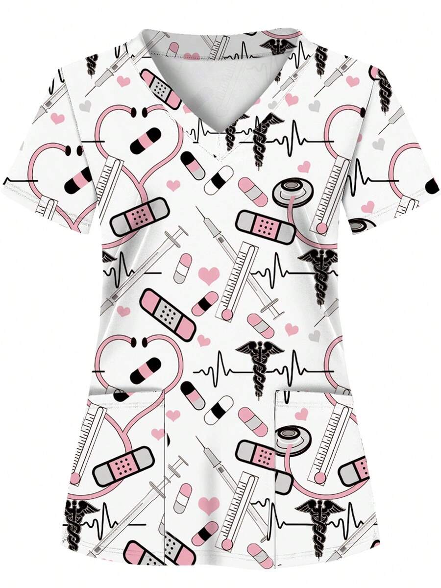 白色底布印花双口袋女式工作服上衣，护士工作服，牙科诊所制服，医疗保健工作服，短袖护士服，针织面料，四季皆宜，春季 - 彩色 - 查看 1