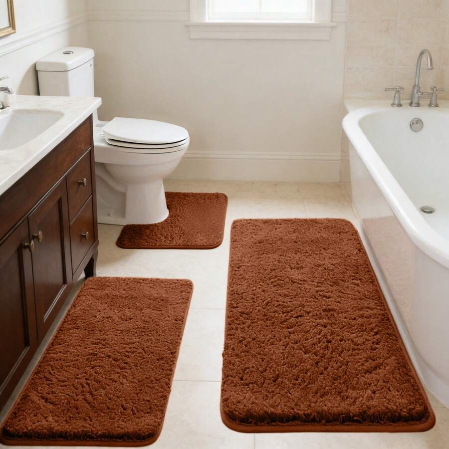 3-Piece Memory Foam Bathroom Rug Set, Ultra Plush Shaggy Bath Mat With Non-Slip Backing, Super Absorbent & Quick-Dry Microfiber Bathroom Floor Mats For Tub, Sink & Toilet, Machine Washable Bath Rugs - Brown - View 1