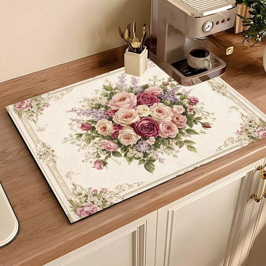 1pc Absorbent Drying Mat, Traditional Pattern, Kitchen Decor, Coffee Machine Mat, Handmade Coffee Pot Draining Pad, Kitchen Floor Mat, Dining Table Mat, Kitchen Counter Dish Drying Mat, Breakfast Mat, Heat-Resistant Anti-Slip Draining Mat, Diatomite Draining Mat, Hides Stains, Super Absorbent Kitchen Mat, Easy To Clean Dish Rack Mat, Suitable For Kitchen, Dining Table, Coffee Shop, Bar, Holidays, Parties, Home Decor, Mother's Day Gift - Multicolor - View 1