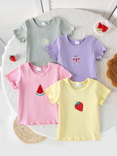 4pcs/Set Baby Girls' Summer Solid Ribbed Strawberry, Daisy, Watermelon Embroidery Sweet Round Neck Short Sleeve T-Shirt Set