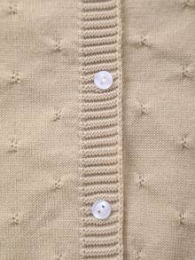 Baby Girl Knitted Round Neck Perforated Solid Color Cardigan - Khaki - View 3