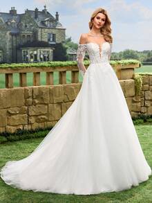 Đầm cưới trắng voan mỏng thêu họa tiết, hở vai, không dây vai, tay dài, thích hợp cho lễ cưới, lễ cưới nhà thờ, tiệc chiêu đãi và các dịp khác. - trắng - Xem 7