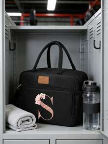 带拉链的保温午餐包，玫瑰金花卉字母A-Z图案，附赠黑色餐具袋，帆布保温午餐盒，拉链封口，大容量铝箔内衬双层拉链午餐手提袋，大容量保温冷藏包，学生适用，便携式旅行野餐包，办公学校保温午餐包，保温午餐盒，办公室假日午餐盒，多功能户外学生午餐盒，男女通用，返校季，母亲节礼物，复活节礼物 - 彩色 - 查看 5