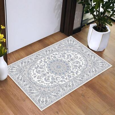 Entrance Mat, Bathroom Mat, Area Decorative Carpet, Soft Fluffy Faux Wool Printed Carpet, Persian Style Rug, Machine Washable Bathroom Mat, Floral Printed Small Rug, Indoor Carpet, Light Blue Kitchen Sink Mat