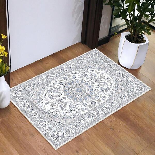 Entrance Mat, Bathroom Mat, Area Decorative Carpet, Soft Fluffy Faux Wool Printed Carpet, Persian Style Rug, Machine Washable Bathroom Mat, Floral Printed Small Rug, Indoor Carpet, Light Blue Kitchen Sink Mat