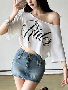 Kliou 女士休闲短款上衣，字母印花不对称领口落肩短袖弹力T恤 白色 - 白色 - 查看 10