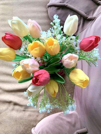 10 piezas de tulipanes falsos, flores artificiales de tacto real de PU, tallos de tulipanes falsos para ramos de boda, arreglos florales de primavera, decoración del hogar, oficina y fiestas para el Día de la Madre (multicolor)
