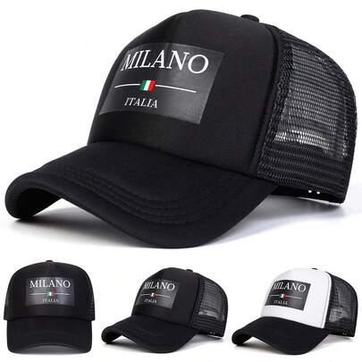 1pc Men's MILANO ITALIA Trucker Hat, Personality Letter Print Baseball Cap, Streetwear Fashion Mesh Cap, Outdoor Sun Protection Casual Hat For Spring, Autumn, Travel, Beach