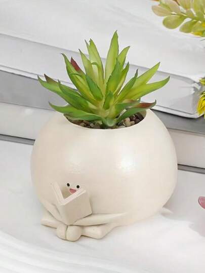 1pc Cute Smiling Flower Pot Decor, Round Face Sitting Pose, Creative Reading Book Planter For Succulents, Suitable For Indoor/Outdoor Home Decor, Office Desk Decoration, Healing Potted Succulent Plant