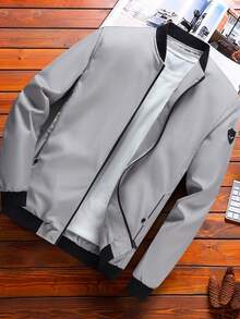Men's Stand Collar Zip-Up Baseball Jacket, Bomber Jacket - Light Grey - View 4