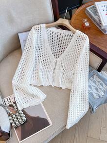 Women's Lightweight Knit Cardigan, Summer Sexy Casual Design Lace-Up Cropped Hollow Out Blouse - White - View 4