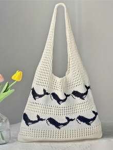 女士针织钩编鲸鱼图案休闲手提包，网眼沙滩手提包 - A - 查看 4