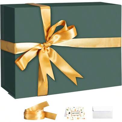 Green Boxes With Lids, 9x7x4 Inches Gift Box With Ribbon, Collapsible Gift Boxes With Magnetic Closure Presents, Bridesmaid Proposal Box Contains Gift Card Ribbon