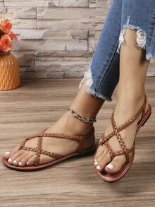 Women's Summer New Flat Sandals, Adjustable Casual Sandals, Peep Toe Gladiator Style Beach Sandals - Brown - View 5