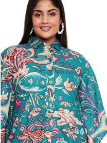 Gypsie Blu Cotton Women Plus Size Fall Short Kaftan Floral Loungewear Batwing Sleeves Dress - 青色 -1 - 查看 5