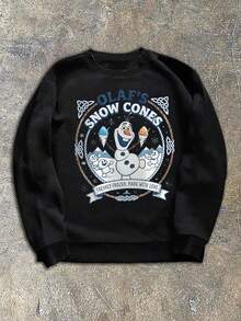Disney Official Licensed Frozen Olaf's Snow Cones Retro Poster Print Popular Anime Style 250g Cotton Crew Neck Unisex Crewneck Sweatshirt - 黑色 - 查看 2