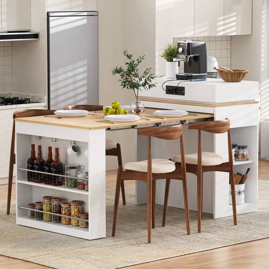 Kitchen Island On Wheels, Extendable Dining Table With Folding Top, Bar Table With Power Strips And Hooks, Serves As A Kitchen Island, Buffet Or Bar Table For The Kitchen And Dining Room (White) - White + MDF + Glass - View 1