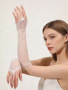 1 Pair White Bridal Lace Gloves - White - View 2