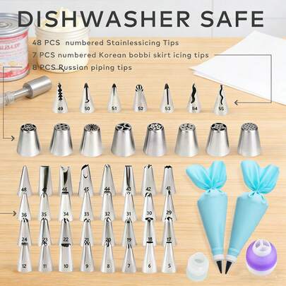 63pcs Stainless Steel Piping Nozzle Set: 48 Classic Flower Patterns + 7 Korean Ruffle Edges + 8 Russian 3D Flowers, Essential For Professional Baking