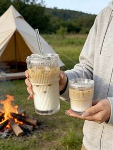 1 套条纹玻璃杯，带吸管和盖子，便携式简约风格水瓶，竖条纹玻璃杯，可重复使用的高品质咖啡/果汁杯，多功能饮料容器，适合家庭、办公室、海滩、各种聚会，适用于咖啡、茶、威士忌、牛奶、冰拿铁等。 - 彩色 - 查看 9