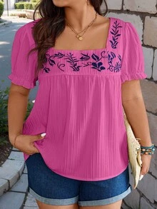 大码波西米亚复古图案方领短袖衬衫，夏季度假 - 玫紅色 - 查看 1