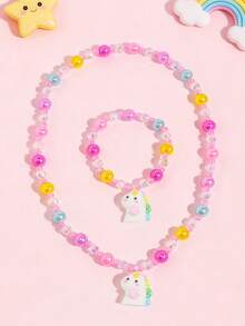 2pcs/Set Girls' Cute Unicorn Pendant Beaded Necklace & Bracelet Set, Princess Jewelry Accessories Gift, Suitable For Casual Daily Wear And Party, Random Color - one-size - View 5