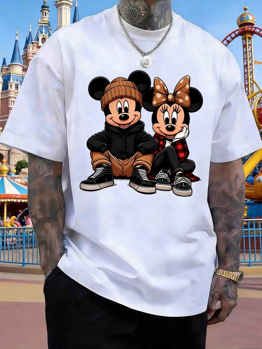 Disney Mickey And Minnie Mouse Couple T-Shirts, Unisex Loose-Fitting Crew Neck Short-Sleeved Tops, Made Of Comfortable And Soft Pure Cotton, Suitable For Everyday Wear, Outings, Parties, Work, And Commuting. - 白色 - 查看 1