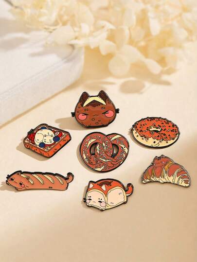 1/7pcs Cartoon Food Bread Cat Brooch, Cute Creative Food Bread Cat Metal Badge Decoration For Clothes, Bags, Hats, Scarves