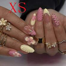 10PCS Almond Nail, Medium Length 3D Fake Nail Design, French Pointed Nail, Acrylic, Acrylic, Fully Covered Nail - 黃色 - 查看 8