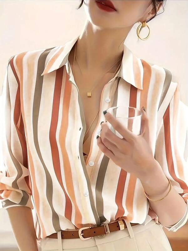 Plus Size - Plus Size - Tailored Elegant Button-Up Shirts, Women'S Enhanced Clothing Featuring Striped Printed Blouses