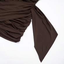 Women's Fashionable Brown Round Neck Long Sleeve Mini Dress, Fitted Knit Fabric, Pleated Pencil Skirt Hem, Casual Elegant Party Valentine's Day Spring - Brown - View 11