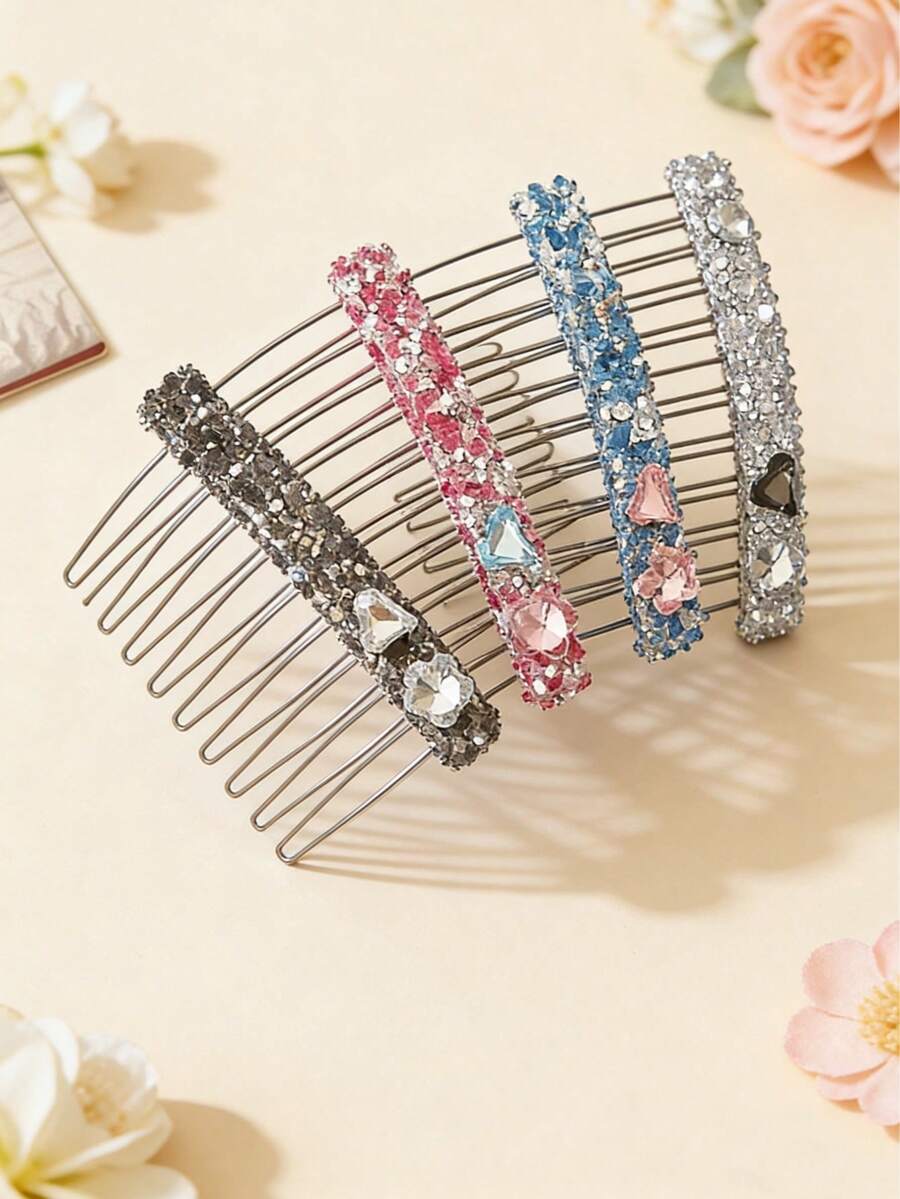1pc/2pcs French Countryside Style Crystal Heart & Flower Hair Comb, New Luxury Elegant Bangs Clip Hair Accessory - Multicolor - View 1