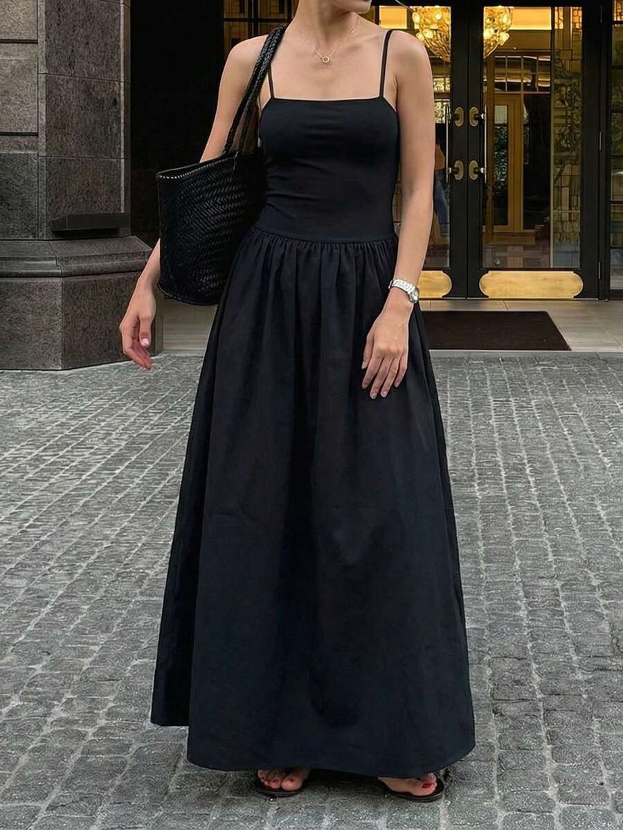 极简吊带长款吊带连衣裙，优雅女士，沙滩装，感恩节装，毕业典礼装，舞会礼服，返校节礼服，黑色舞会礼服 - 黑色 - 查看 1
