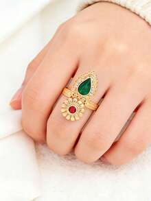 1pc Vintage Style Gold-Plated Red & Green Zirconia Gourd Shaped Ring For Women, Auspicious Meaning, Fashionable & Versatile Daily Or Holiday Wear - 02 - View 5