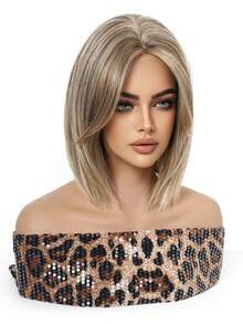 10 Inch Ash Blonde With Golden Highlights Bob Wigs For Women, Machine Made Heat Resistant Synthetic Wig With Bangs - Gold - View 3