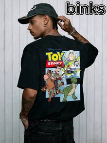 Disney Toy Story Pattern Print, Cartoon Elements Fashionable Loose Short Sleeved Street Style T-Shirt, Spring And Summer Fashionable Versatile Top - Black - View 1