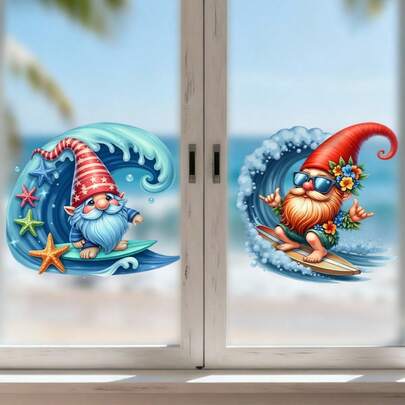 2pcs Surfing Gnome Beach Window Sticker, Creative Window Cling, Removable Home Decal For Decoration, Self-Adhesive And Easy To Install