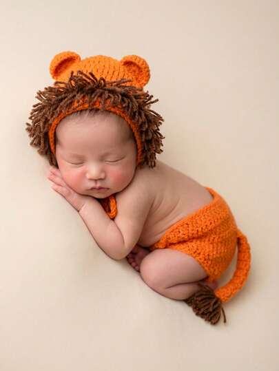 2件套婴儿卡通狮子造型套装，新生儿摄影道具，手工针织帽子和短裤套装，带尾巴，适用于影棚拍摄