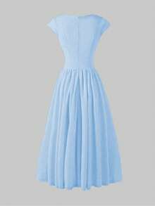 Đầm dài nữ thanh lịch, tối giản, phong cách retro, tay ngắn, dáng xòe, màu trơn, xếp ly, có khóa kéo, thích hợp cho tiệc tối, kỳ nghỉ, đi học, công sở, đi biển, mùa hè. - Màu xanh lam - Xem 8