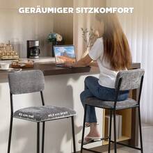 Set Of 2 High Upholstered Bar Stools, Perfect For A Kitchen Counter Or Home Bar. Backrest, Footrest, Fabric Upholstery, Grey Steel Frame. - Grey - View 6