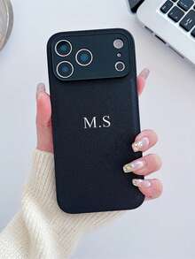 Customized Litchi Texture Leather Phone Case With Personalized Letter Name, Featuring Full Camera Protection And Anti-Fall Anti-Fingerprint Design, Korean Minimalist Retro Style Cover Compatible With Various Smartphone Models, Gift For Her - Chocolate Brown - View 7