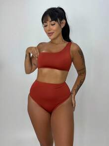 Hot Pant Bikini Set With High-Waisted Bottom And One-Strap Top - Beachwear - Đất nung - Xem 6