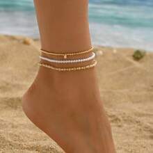 3pcs/Set Fashion Beach Vacation Style Faux Pearl Beaded Elastic Anklets For Women - Multicolor - View 6