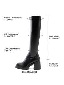 Women's Elastic Knee-High Boots Square Toe Side Zipper Platform Chunky Heel  Comfort Classic Party Solid Color Boots - Black - View 4
