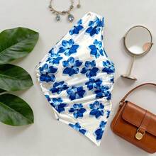 Women's Asymmetric/Asymmetrical Hem Floral & Leaf Print Sleeveless Blouse, Beach Wear - Blue - View 2