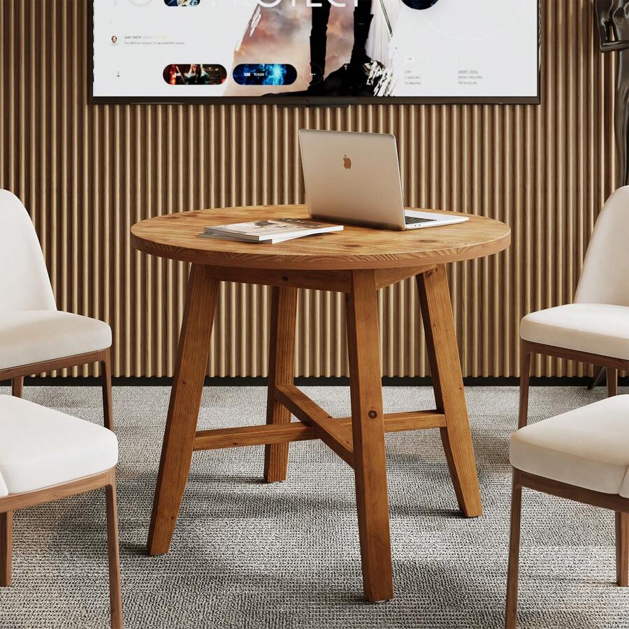 FINMIND 31.5-Inch Solid Wood Conference Table For 2-4, Small Round Office Table For Small Spaces, Meeting Room, Offices - Brown - View 1